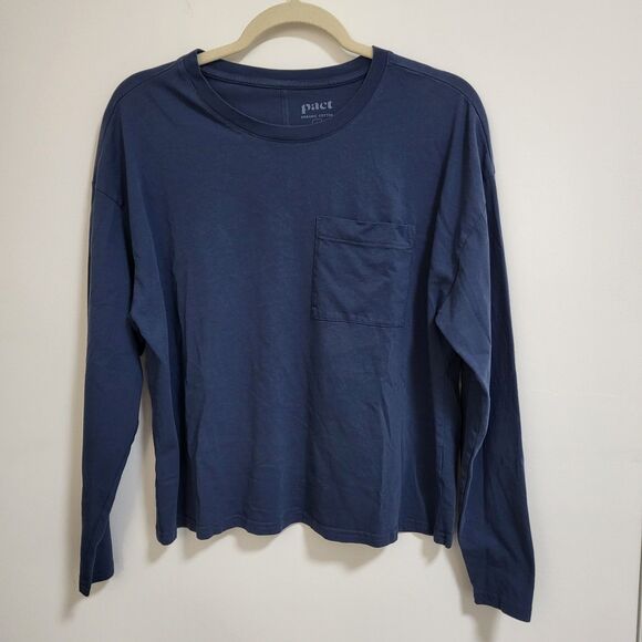 Pact Tops - PACT Womens L Organic Cotton Blue Softspun Long Sleeve Pocket T- Shirt